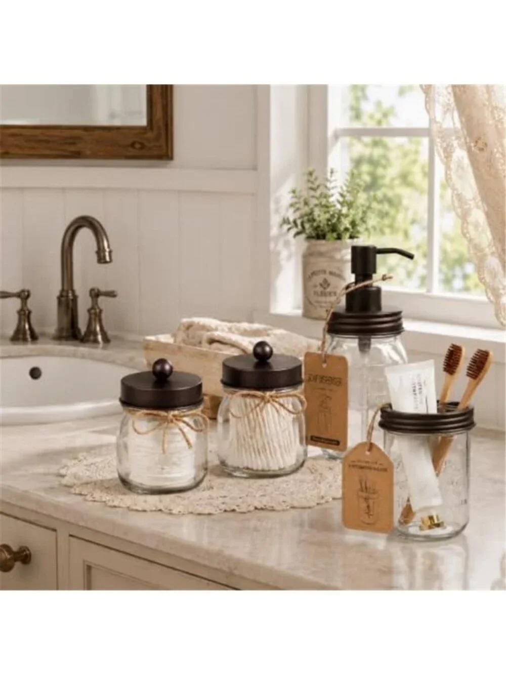 Mason Jar Bathroom Accessories Set,6Pcs Rustic Bathroom Set,Brown